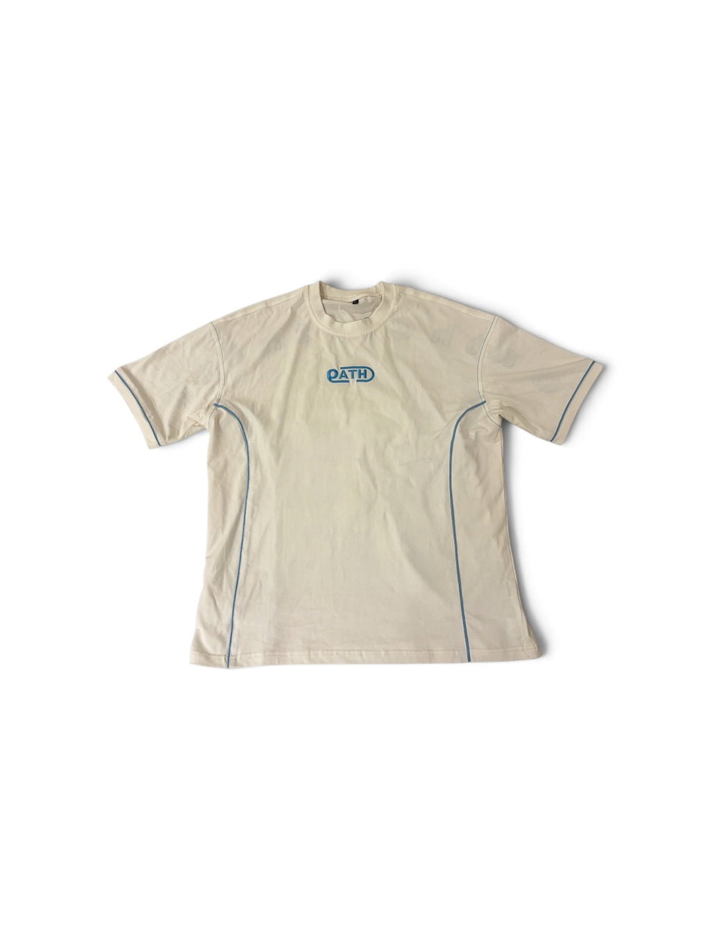 Cream OATH piped crewneck tee, front view flat lay