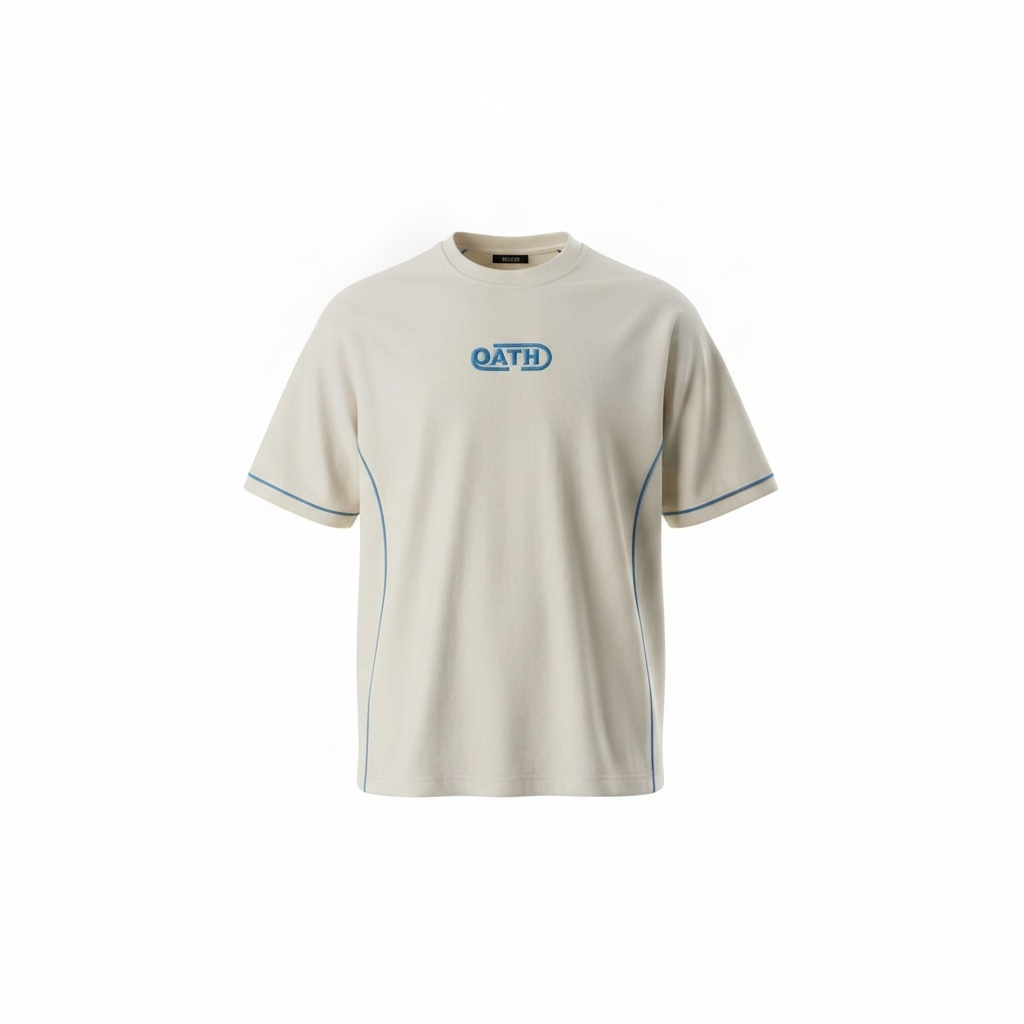 Cream OATH piped crewneck tee, front view on form