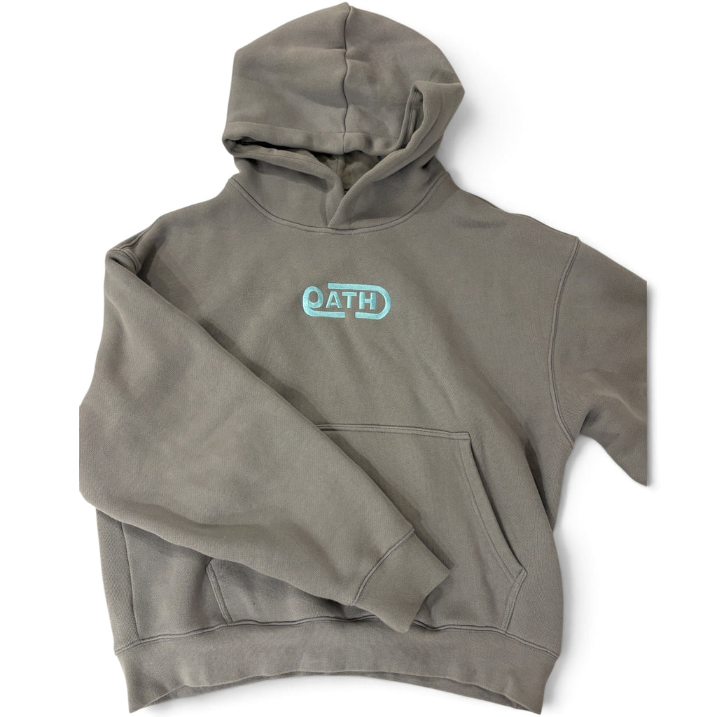 Stone grey OATH logo hoodie, front angled view