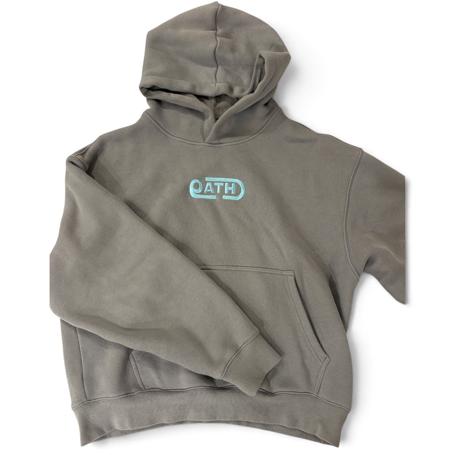 Stone grey OATH logo hoodie, front angled view