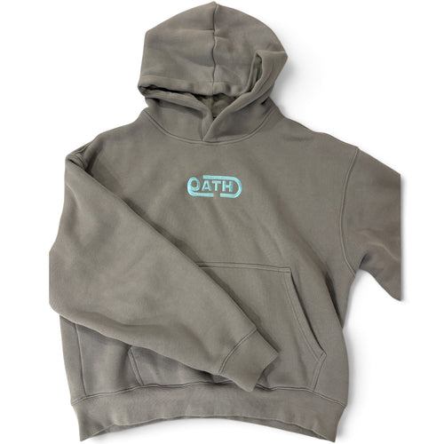 Stone grey OATH logo hoodie, front angled view