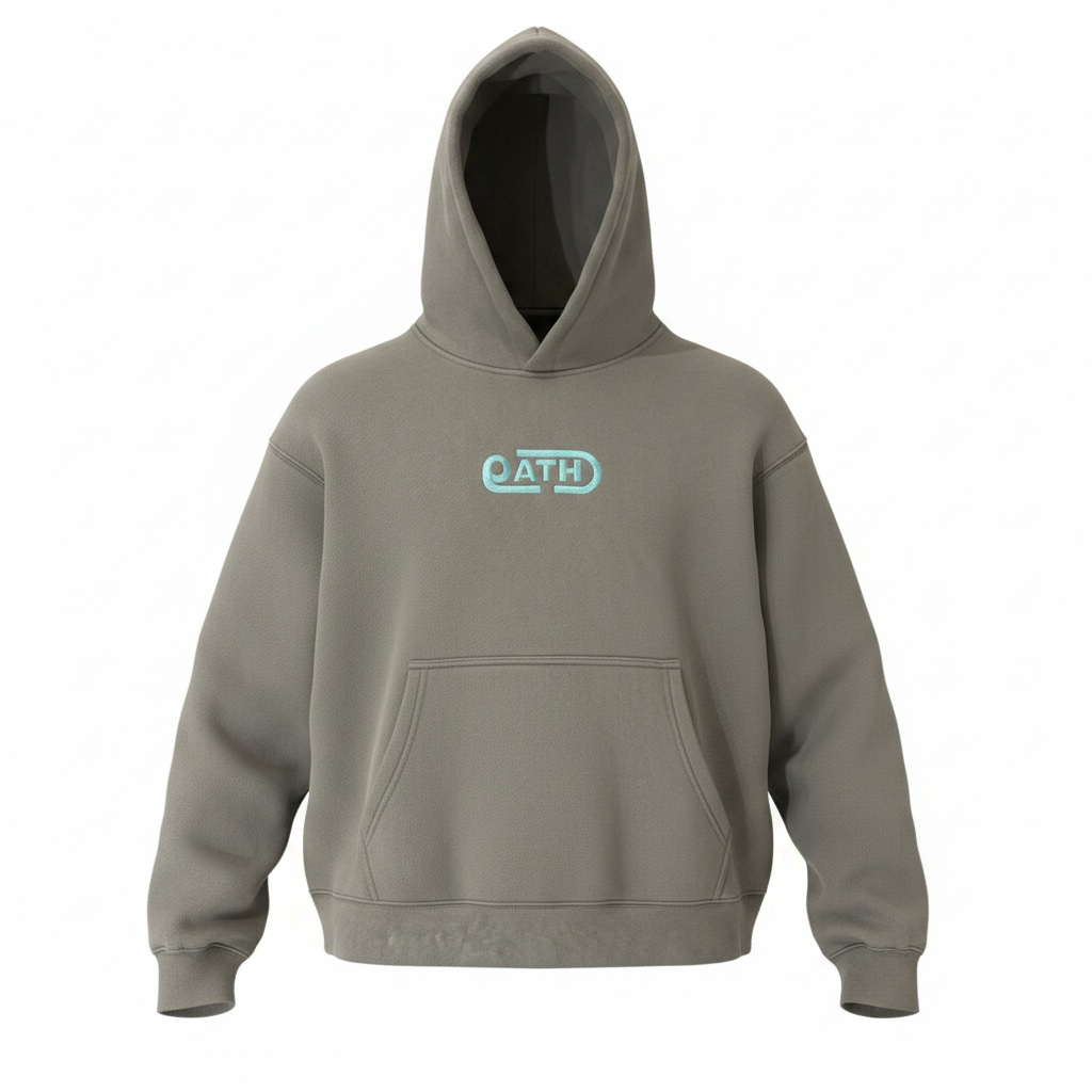 Stone grey OATH logo hoodie, front view flat lay