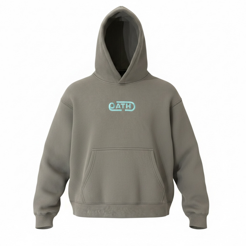 Stone grey OATH logo hoodie, front view flat lay