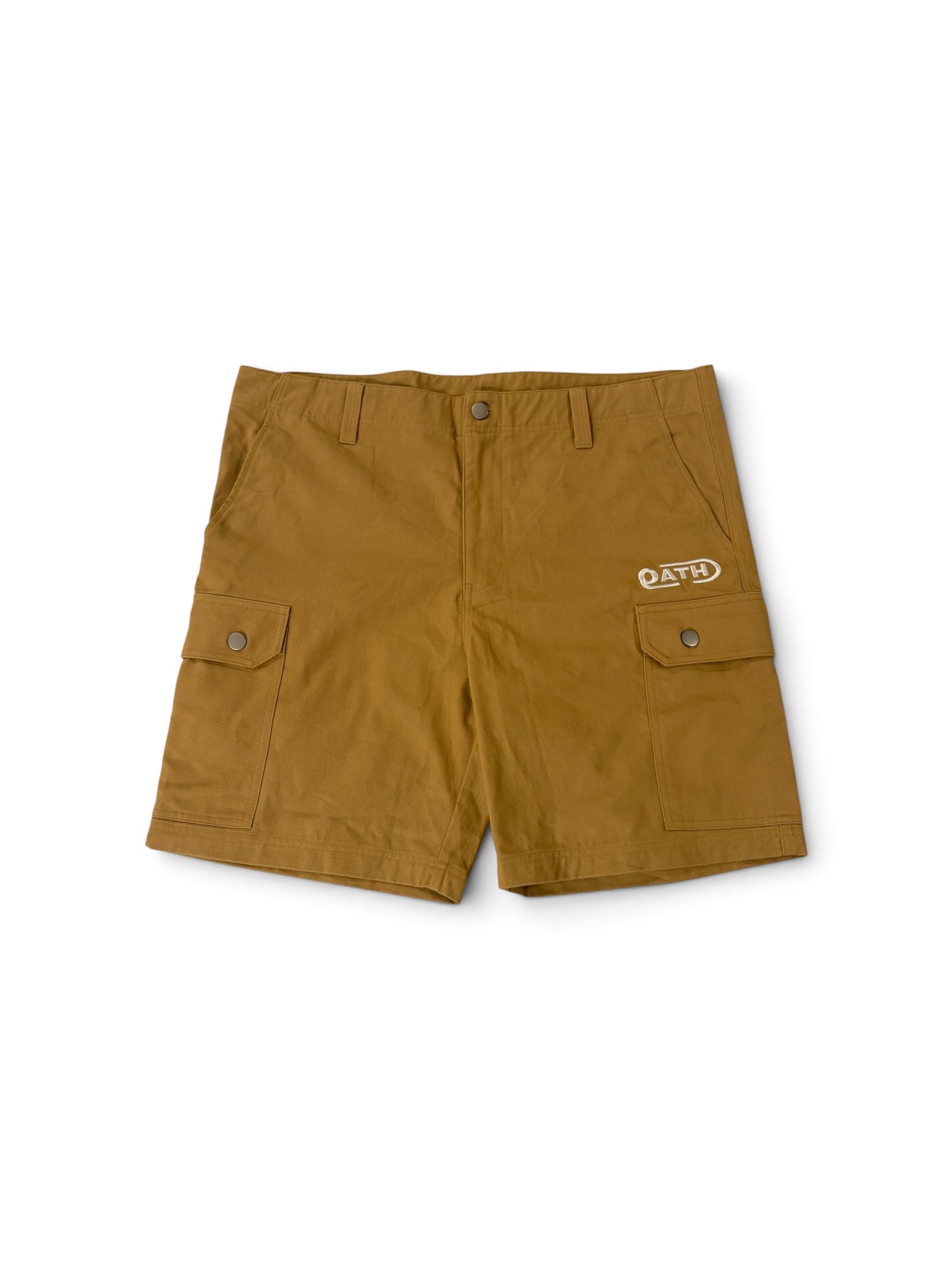 Mustard OATH cargo shorts, front view flat lay