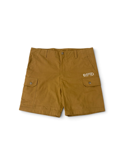 Mustard OATH cargo shorts, front view flat lay