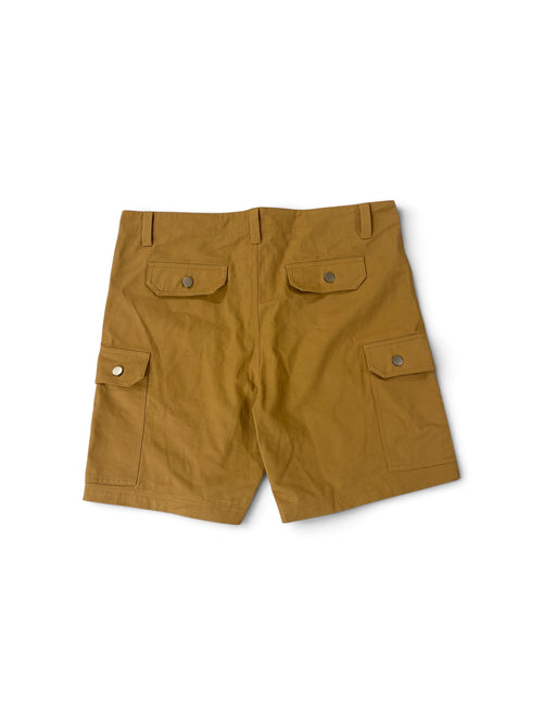 Mustard OATH cargo shorts, back view flat lay