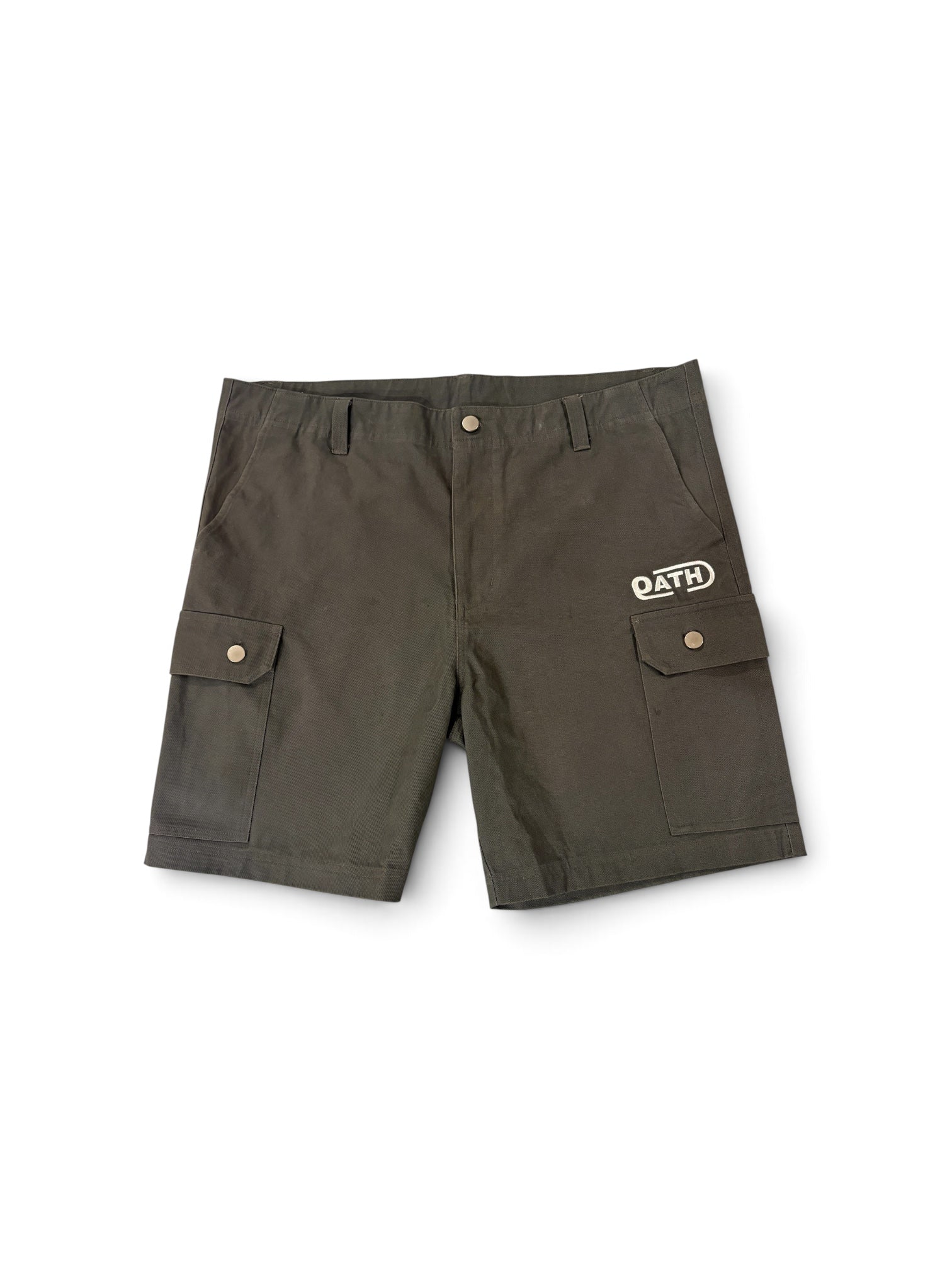 Olive OATH cargo shorts, front view flat lay
