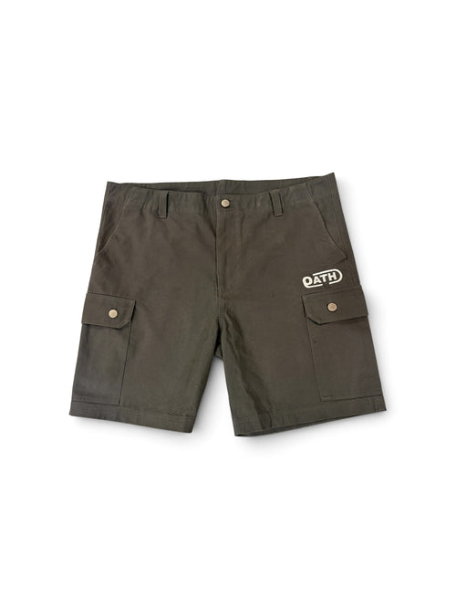 Olive OATH cargo shorts, front view flat lay