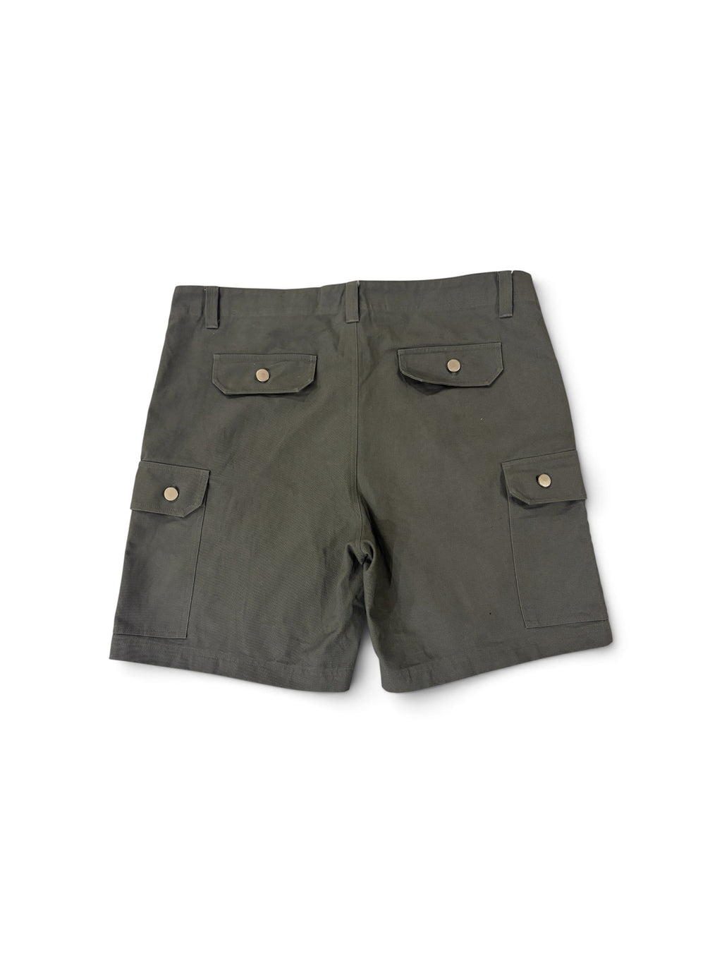 Olive OATH cargo shorts, back view flat lay