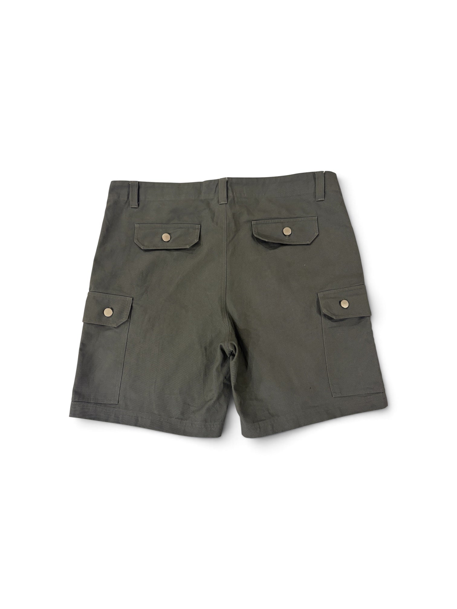 Olive OATH cargo shorts, back view flat lay
