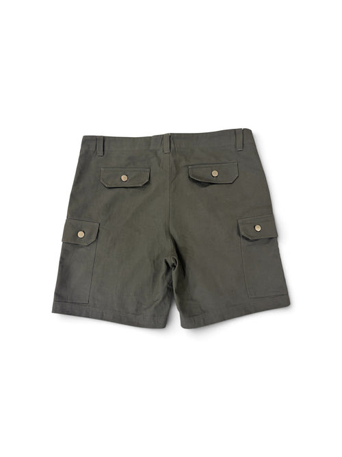 Olive OATH cargo shorts, back view flat lay