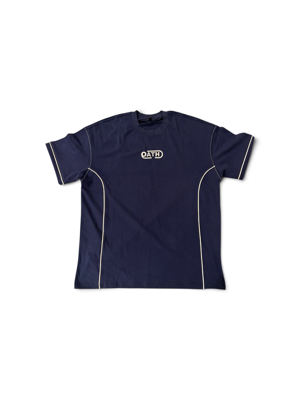 Navy OATH piped crewneck tee, front view flat lay
