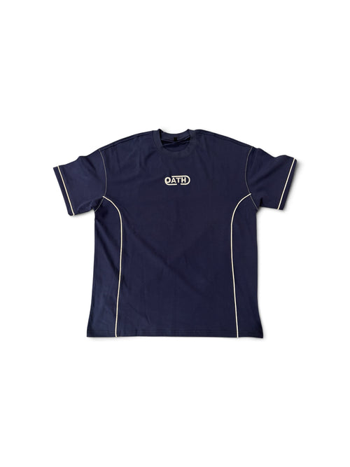 Navy OATH piped crewneck tee, front view flat lay