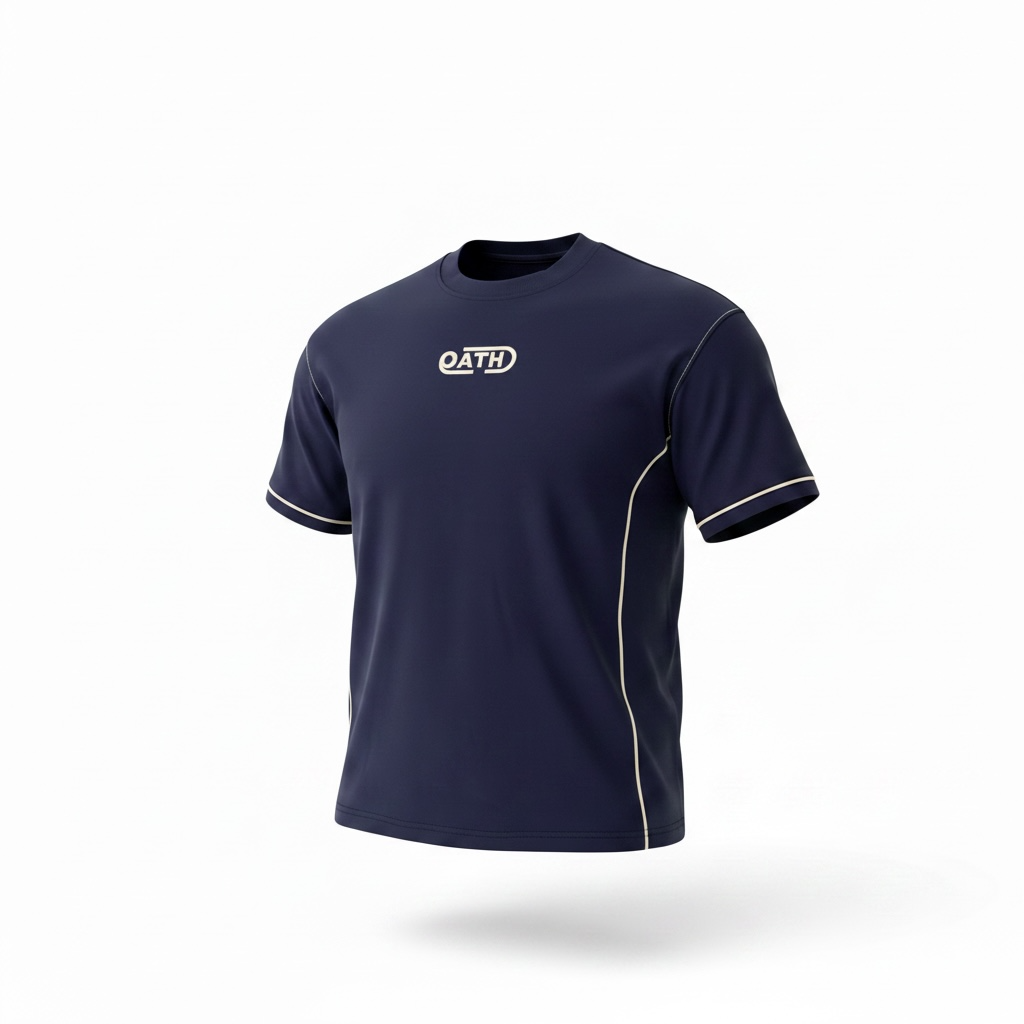 Navy OATH piped crewneck tee, front 3D render