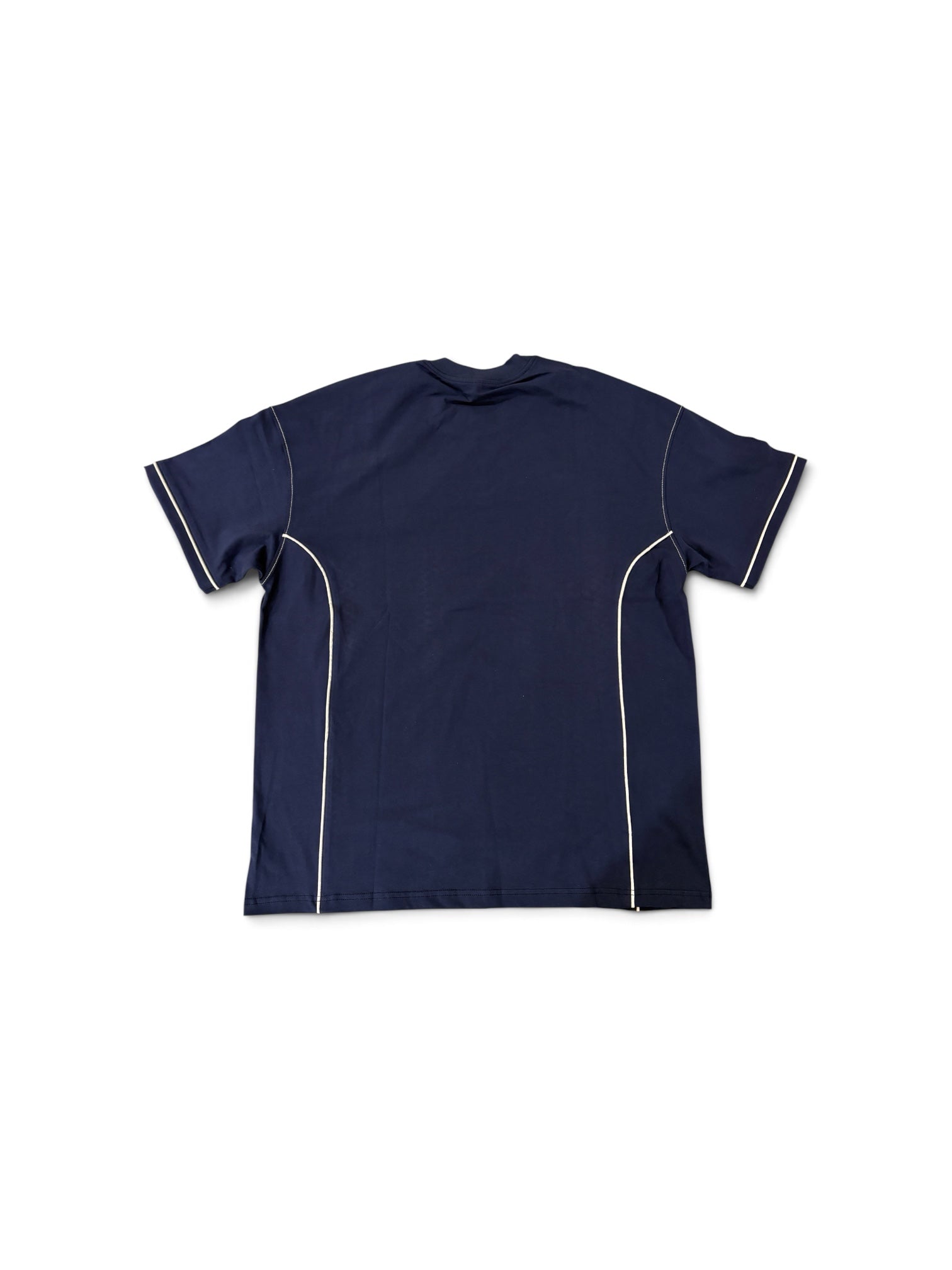 Navy OATH piped crewneck tee, back view flat lay